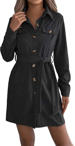 Vhersily 2025 Robe à chemise en velours côtelé pour femme, à manches longues, avec ceinture, mini tunique d'automne décontractée, couleur unie, pour l'automne et l'hiver, confortable et polyvalent