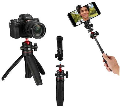 Black Mini Tripod Phone Stand with 1/4 Screw for iPhone/Insta 360 X5/ DJI/OSMO/Pocket 3 /Sony/Canon/Nikon/Cameras, Extendable Handheld Vlogging Video Filming Table Stand