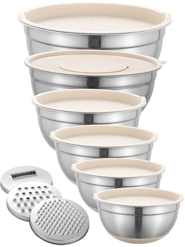 Ciotole da cucina – Set di nidificazione in acciaio, ciotole per la preparazione della cottura, base antiscivolo, coperchi con grattugia, impilabili, versatili da portata, pentole