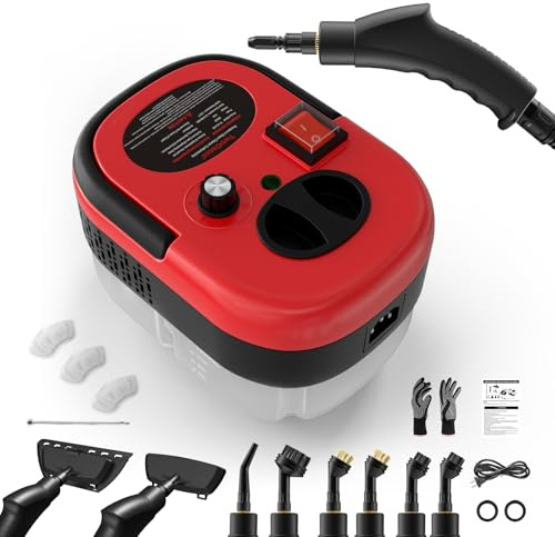 Limpiador a Vapor, Vaporeta Limpieza Hogar 2500w, Depósito de Grande Capacidad de 1200ML, Limpiador a Vapor de Mano con 3 Cepillos, Steam Cleaner para Coche para Ventanas, Cocina, Baño-Rojo