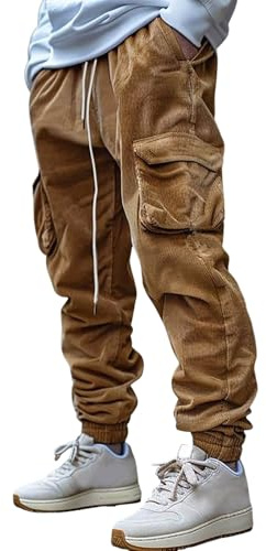 Pantaloni cargo da uomo in velluto a coste elasticizzato con fascia elastica, pantaloni con polsini per il tempo libero, leggeri, da trekking, con tasche grandi, da lavoro, vestibilità regular fit