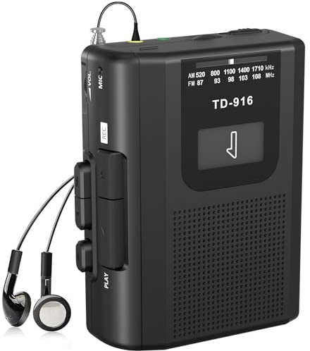 Retro kassettspelare & AM/FM-radio, bärbar walkman med stor högtalare, hörlursuttag och mikrofoninspelning, USB-driven bandspelare