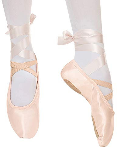 Satin Ballet Dance Shoes Split Leather Sole Pink Ballet Slippers Flats with Ribbon Gymnastics Shoes for Girls Women 34 EU=2 UK