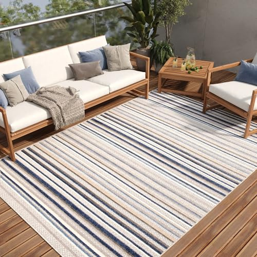 TAPISO Patio Teppich Outdoor Indoor Grau Mehrfarbig Linien Wetterfest Flachgewebe Wasserfest UV-beständig Wohnzimmer Terrasse ÖKO-TEX 120 x 170 cm