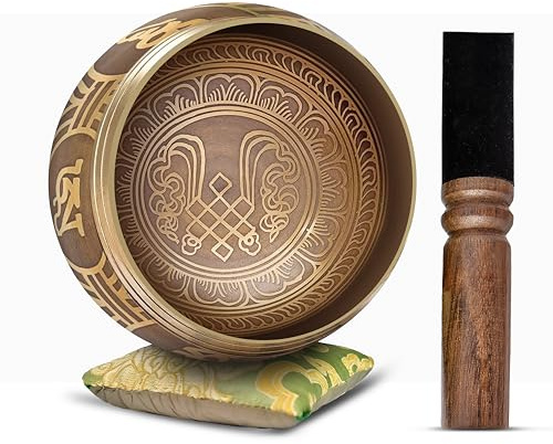 Tibetan Singing Bowl Set - Easy To Play Authentic Handcrafted For Meditation Sound Bowl Chakra Yoga Healing 4 Inches By Himalayan Bazaar (Gold & Green)