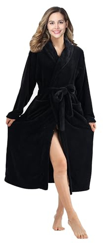 RONGTAI Fleece Robes for Women Plush Soft Warm Long Bathrobe with Pockets (XX-Large,Black)
