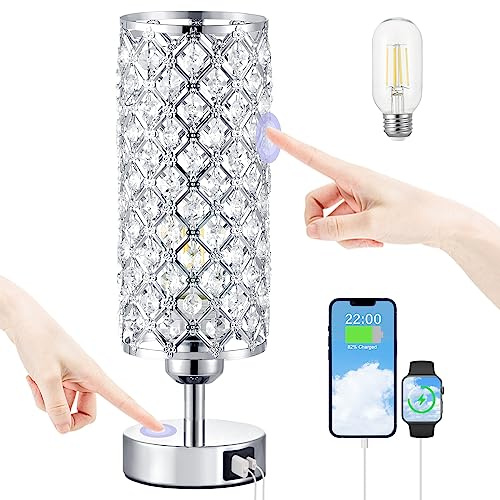 Crystal Touch Lamp with Touch Control, Sliver Table Lamp with USB-C+A Ports, 3 Way Dimmable Bedside Lamp Decorative Modern Nightstand Lamp, Bedroom Light for Living Room Side Table(Bulb Included)