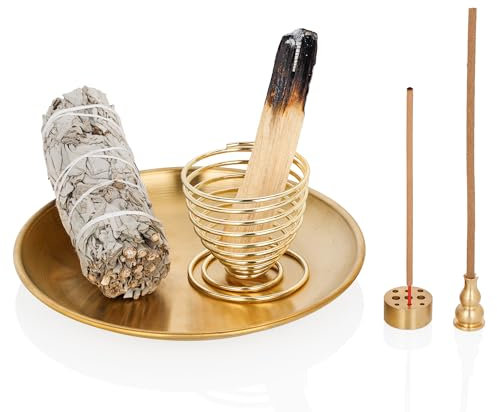 ZenBless 4 in 1 Incense Burner, Palo Santo Holder, Sage Holder, Incense Holder for Incense Sticks/Coil/Cones, 5.5 inches Brass Ash Catcher for Meditation Yoga Room