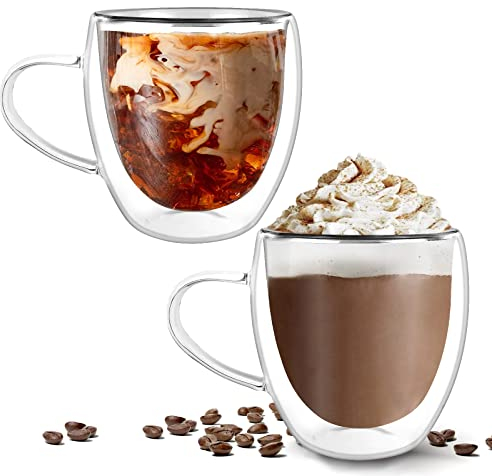 ProChosen Coffee Glasses Cups,Double Walled Glass Coffee Mugs with Handle,2x250ml Cappuccino Latte Cups for Milk Tea, Heat Resistant, Hand Made, Dishwasher Safe