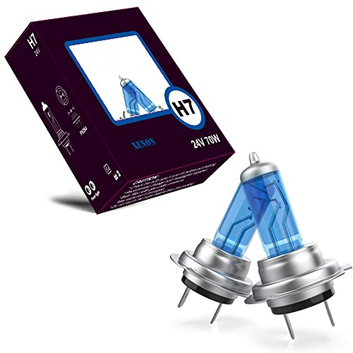 LIGHTWORLD24 - Set di 2 Lampadine Halogen H7 PX26d 24V - 70W Luminosità Superiore, Luce Bianca Ultra Brillante per Fari Camion, Effetto Xenon, Lampada Ottica Blu Bianca