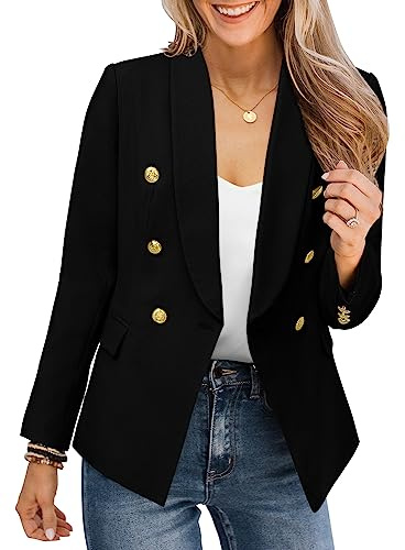 CRAZY GRID Women Work Casual Blazer Double Breasted Fashion Fit Blazer Jackets Lapel Gold Buttons Business Suit Jacket XL Black