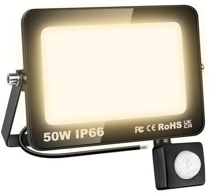 RIGIDON 50W Faretto LED con Sensore di Movimento, 5000 LM Proiettore Faro Led Esterno 3000K Bianco Caldo Luci di Sicurezza, IP66 Impermeabile Faretti LED per Giardino Garage Patio Terrazza Cortile
