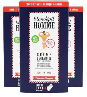 Blondépil Homme - Crema depilatoria hombre genitales en la ducha, Zona Íntima, Rápida y Eficaz, Apta para pieles sensibles, Hecha en Francia, Incluye guante multi-zonas, 100ml, lote de 3
