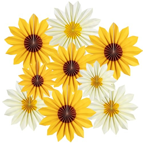 SUNBEAUTY 9 Stück Sonnenblumen Papierfächer Party Dekoration Gelb Seidenpapier Fächer Beige Hängende Girlande für Geburtstag Hochzeit Tischdeko Abschluss Party Deko