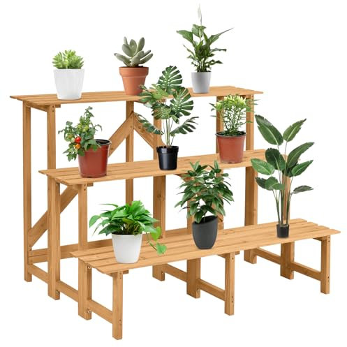 TANGZON 3-Tier Plant Stand, Wooden Ladder Plant Shelf Flower Pot Rack, Indoor Outdoor Display Holder Shelving Unit for Garden Balcony Patio Backyard, 120x78x82cm