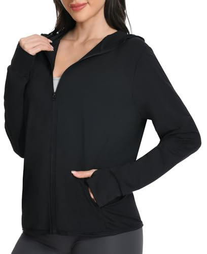 QXURkut Veste de Sport Femme avec Capuche, Veste Protection Solaire UPF50+, Manche Longue Sweat Légère Zippé Sun Hoodie avec Poches pour Running Randonnée (Noir, S)