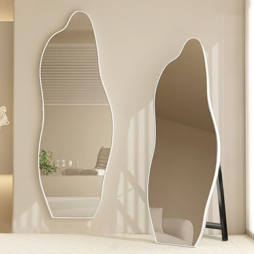 CEIEVER Asymmetrischer Spiegel Groß, Standspiegel Ganzkörperspiegel 160X60CM Unregelmäßiger Großer Wandspiegel Dekorativer Ganzkörperspiegel für Wand Wohnzimmer Bad Flur Eingang,Deko (Weiß)