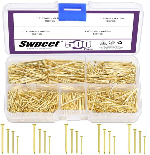 Swpeet Kit de 500 pièces de 4 tailles de clous en hardware, clous dorés galvanisés, petits clous, clous à tête ronde, clous de finition, clous pour accrocher, clous muraux pour accrocher