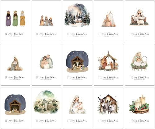30 tarjetas navideñas religiosas con 15 diseños diferentes de acuarela y 30 sobres marrones de papel kraft hechos de papel reciclado