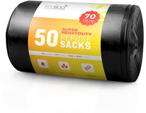 EcoBag - Extra Strong Heavy Duty Refuse Sacks - Recyclable Bin Bags, Leak Resistant, Eco-Friendly, Durable Waste Disposal Bags for Household & Commercial Use, 35 Micron (Μm) / 70l