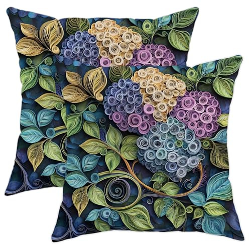 Paper Quilling Hydrangea Throw Pillow Covers 16x16 Set of 2, Soft 3D Cool Floral Pillow Cases Kit with Zipper, Spring Flower Decor for Couch Sofa Living Room Porch