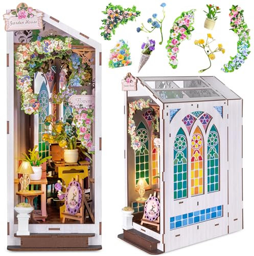 Ltteaoy DIY Book Nook Kit de Construction en Bois 3D de Style Serre Naturelle avec Éclairage LED,Maison Miniature pour Lecteurs, pour Adultes et Adolescents(Maison de Fleurs)