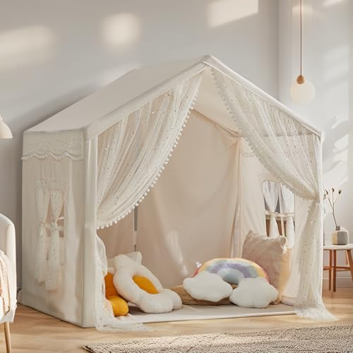 Kids Play Tent, Play Tent for Toddlers Age 3-12, Indoor Playhouse with Carry Bag, Safe PVC Frame & Breathable Cotton Canvas, Easy Setup, Encourages Imaginative Play (Beige)