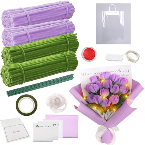 YOUYIKE Piprensare för pyssel, chenilletråd gör-det-själv kreativt set vuxna med LED-ljus rörrengörare blomma dekoration saker blommor pyssel med gröna blomstavar bukettförpackningar