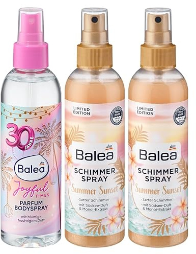 Balea 3er-Set Körperpflege: Parfum-Bodyspray JOYFUL TIMES blumig-fruchtig, belebend & erfrischend auf der Haut, 200 ml + Körperspray SUMMER SUNSET Schimmerspray mit Südsee-Duft, 2 x 200 ml (600 ml)