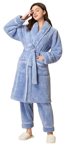 Traje de casa para mujer de 2 piezas, camisón y pantalón de forro polar, bata de baño, bata de dormir, bata con cinturón, ropa de dormir, cálido, acogedor, bata de sauna, tallas grandes, azul, M