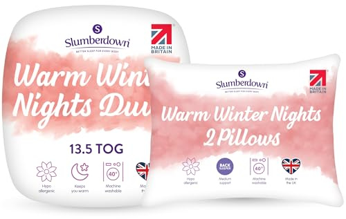 Slumberdown Warm Winter Nights King Size Duvet 13.5 Tog & 2 Pillows - Thick & Cosy Quilt for Cold Weather | Soft Touch Cover, Non-Allergenic, Washable UK-Made Bedding (225 x 220cm)
