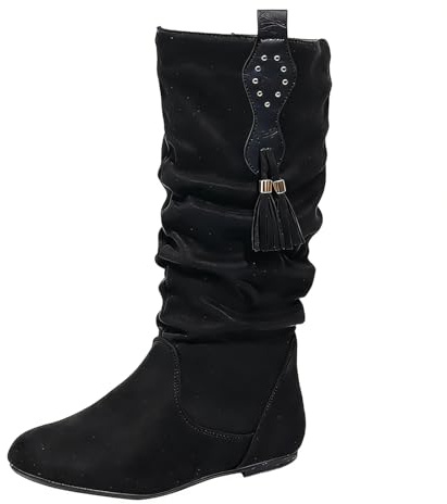 Stivali In Camoscio Da Donna Slouchy Al Polpaccio Medio Retrò Con Arricciature Punta Tonda Tacco Basso E Piatto Con Cerniera Laterale Scarpe Per Tutte Le Stagioni Per Lavoro Appuntamenti E Viaggi