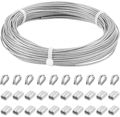 Stålvajer i rostfritt stål, 30 m 2 mm vajer klättringshjälp spänntråd med 20 aluminiumhylsor och 10 säkringsring av rostfritt stål för klätterväxter för upphängning, buntning