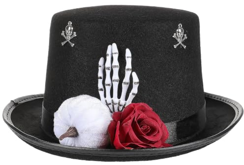 DOITOOL Halloween svart cylinderhatt: Vampyr mörk huvudbonad med skeletthand, utklädd partyhatt med röd ros, viktoriansk steampunk huvudbonad för cosplay-dräkt