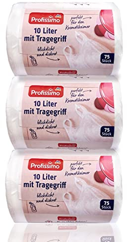 Profissimo Kosmetikeimer Müllbeutel mit Tragegriff - 10 Liter - 225 Stück (3x75) - Reißfest & Flüssigkeitsdicht