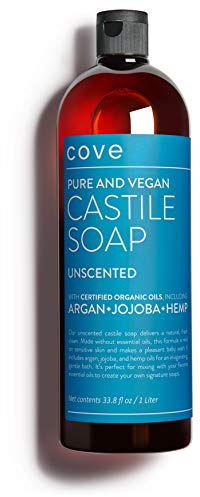 Cove Castile Soap Unscented - 33.8 oz / 1 Liter - Organic Argan, Hemp, Jojoba Oils