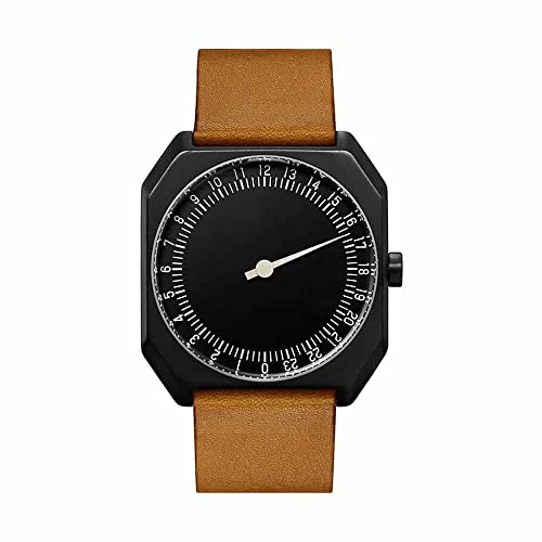 slow Jo 19 – Quarz-Uhr, unisex, braunes Lederarmband im Vintage-Design, schwarzes Gehäuse und Zifferblatt, Analog-Anzeige