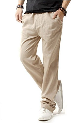 HOEREV Men Casual Strandhosen Leinen Hose- Gr. M (Taille 33-35 zoll), Beige