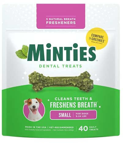 Minties Dog Dental Bone Treats, Tiny/Small Dental Dog Treats, 16 Ounces, Cleans Teeth, Fight Bad Breath, Removes Plaque and Tartar, 40 Count