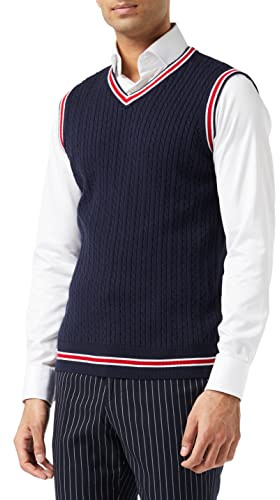 Xposed Mens Sleeveless V Neck Jumper Retro Cable Knitted Cricket Golf Sweater Jersey Top Vest[V961,M,Navy Blue]