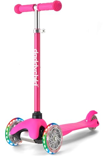 3-Wheel Kick Scooter for Kids Ages 3-8 Lean-to-Steer Toddler Scooter with Extra Wide Light Up Wheels, 4 Adjustable Heights, Foldable Scooters for Boys & Girls, Max Weight 110lbs (Pink)