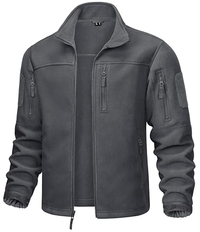 MAGCOMSEN Herren Stehkragen Fleecejacke Full Zip Army Jacken Winddicht Übergangsjacke Herren Military Winterjacke Outdoor Jagden Wandern Fliesjacke mit Vielen Taschen Dunkelgrau XXL