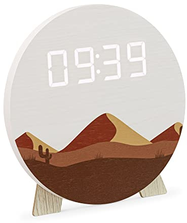Navaris Design LED Digitaluhr aus Holz - Wanduhr Digitale Uhr - Tischuhr mit USB Kabel - Nachtdimmer 12 oder 24 Stunden - Holzuhr digital Standuhr - Wüsten Print