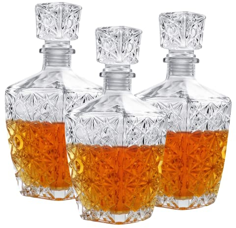 Cadamada Glasses Decanter,26 oz Diamond Pattern Wine Bottle with Lid,Delicate Decanter Set-for Tequila, Brandy, Scotch and Vodka, Gift Giving, Bar and Party Decoration (3pcs)