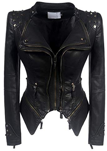 DISSA Damen Schwarz Lederjacke Kunstleder Bikerjacke mit Reißverschluss,P603,S