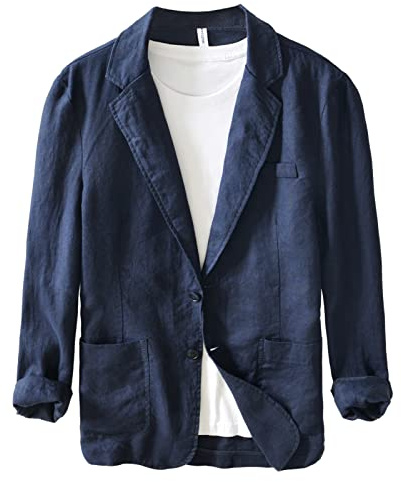 Icegrey Blazer Casual da Uomo in Lino Slim Fit Suit Giacche Due Button Giacca Smart Blazer, Marina Militare, L