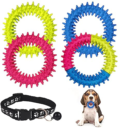 4 Uds. Juguetes para la dentición de Cachorros con 1 Collar de Campana, Anillo de Punta de Goma, Juguetes para Masticar para Limpiar la Boca, Herramientas de Entrenamiento para Mascotas