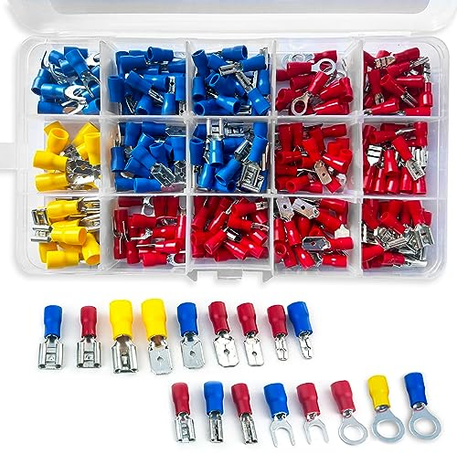 Nutabevr 300 Pcs Cosse Electrique Isolée,17Sortes Cosses kits,Connecteurs électrique a sertir,Ronde Connector Câble Electrique Isolé Bornes Avec Etui, pour électriciens,Cosses Fourches,Cosses Anneau
