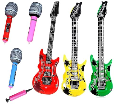 3 Pezzi Chitarre Gonfiabili + 3 Pezzi Microfono Gonfiabile，per Feste Rock and Roll Forniture per Feste Regali.