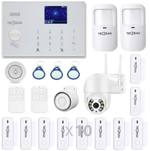 GSM/WLAN Alarmanlagen Komplettsystem mit Überwachungskameras, TECPEAK Alarmanlage Haus, Haussicherheits Set inkl Außenkamera 1080P